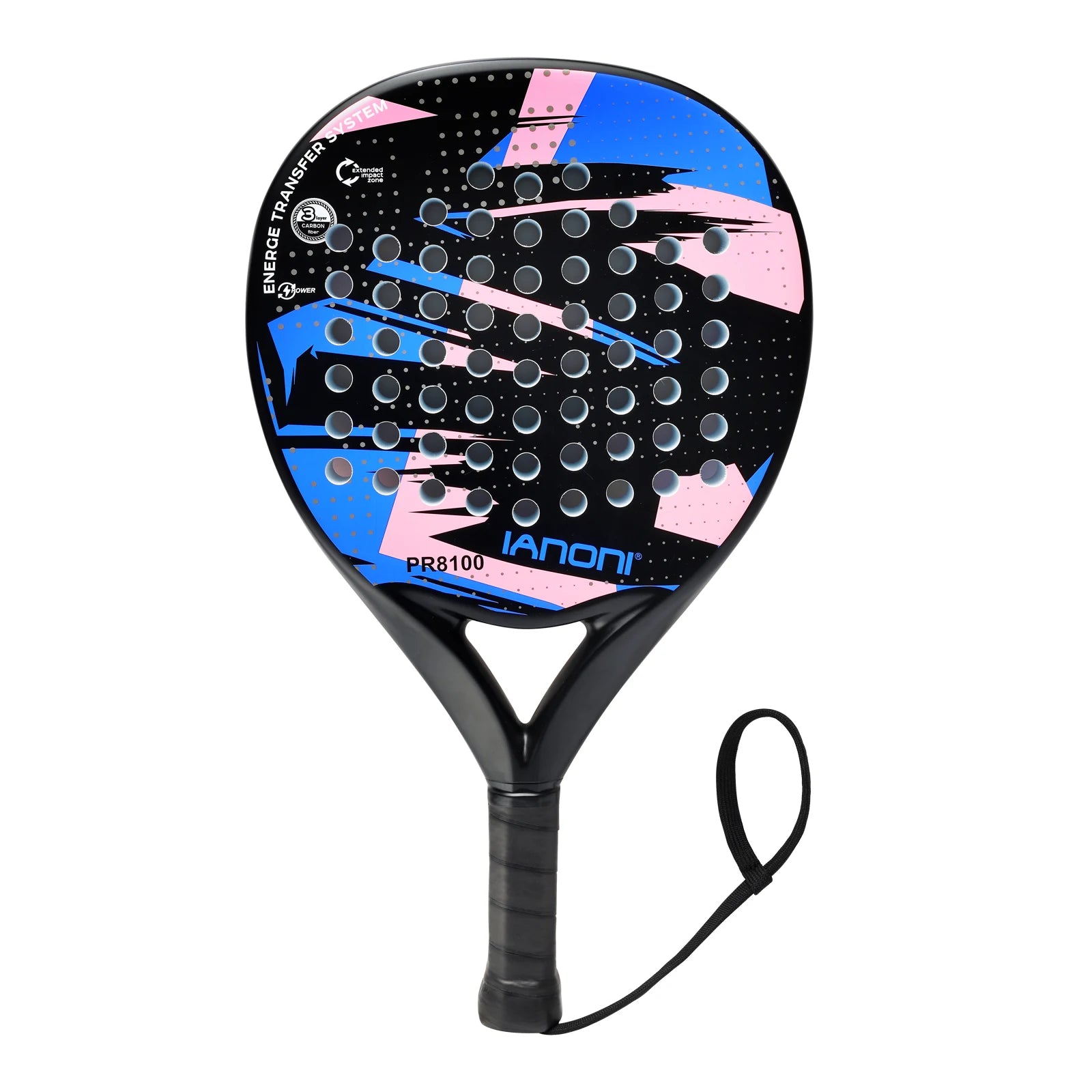 Paddle with blue and pink design on a white background