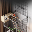 Bird cage with wooden perches and toys on a plain background