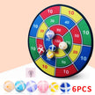 Colorful dartboard game with six colorful darts on a beige background