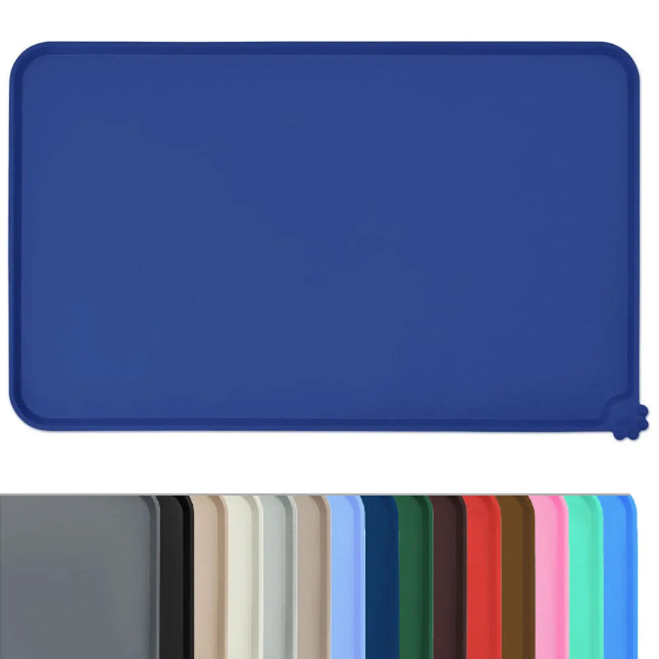 Blue rectangular mat with color swatch below on a white background