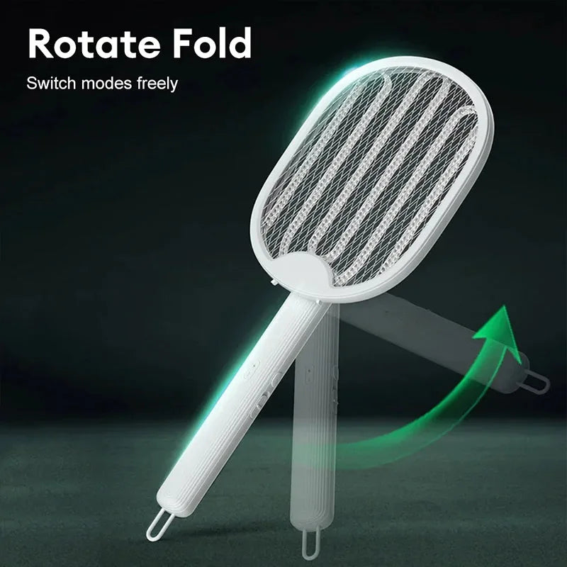 White fly swatter with mesh surface on a dark background, featuring text 'Rotate Fold' and 'Switch modes freely'.