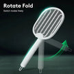 White fly swatter with mesh surface on a dark background, featuring text 'Rotate Fold' and 'Switch modes freely'.