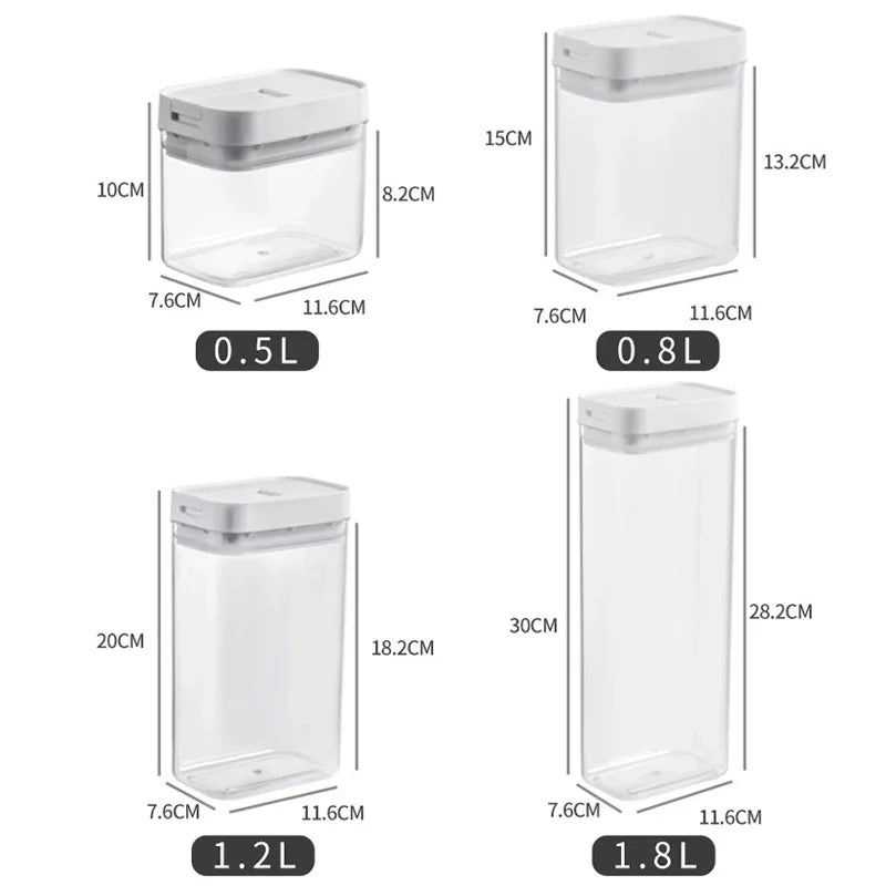 Set of clear storage containers with dimensions and volume labels on a white background
