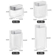 Set of clear storage containers with dimensions and volume labels on a white background