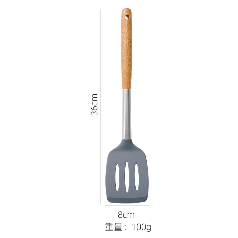 Gray spatula with wooden handle and measurements on a white background