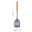 Gray spatula with wooden handle and measurements on a white background