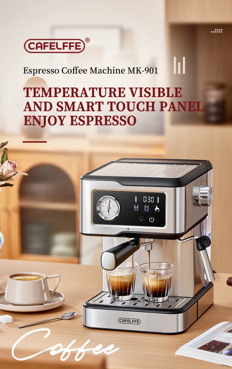 ماكينة إسبريسو Cafelffe شبه أوتوماتيكية – 20 بار، لوحة لمسية، ذراع بخار، 1.5 لتر
