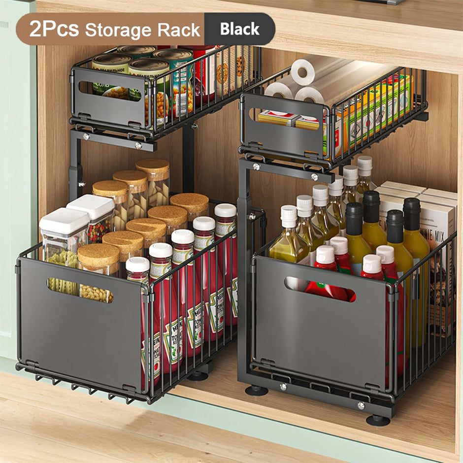 Two black storage racks inside a kitchen cabinet with various items.