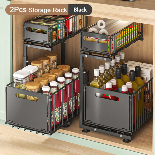 Two black storage racks inside a kitchen cabinet with various items.