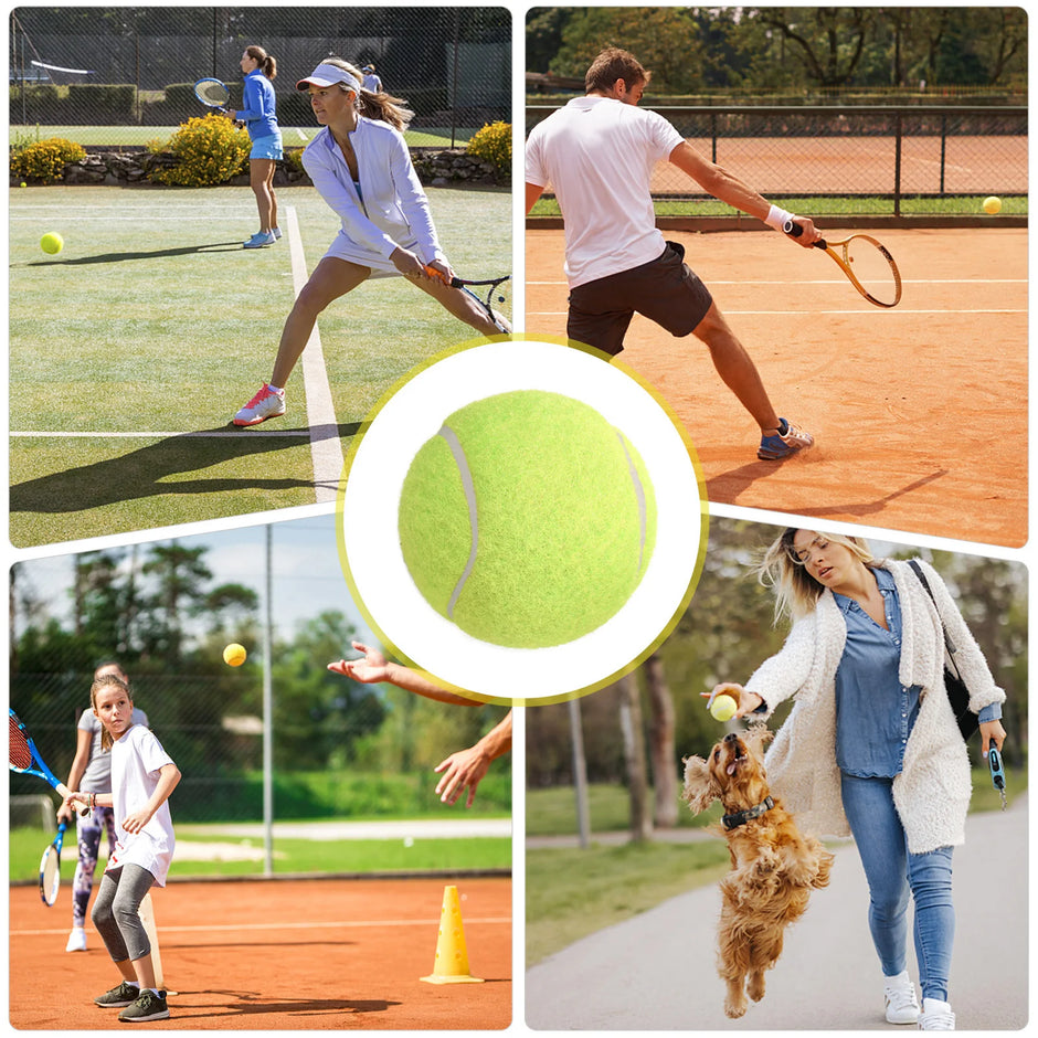 Collage of people playing tennis and a close-up of a tennis ball on a tennis court.