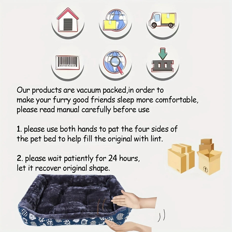 Pet bed with instructions on vacuum packing and recovery process.