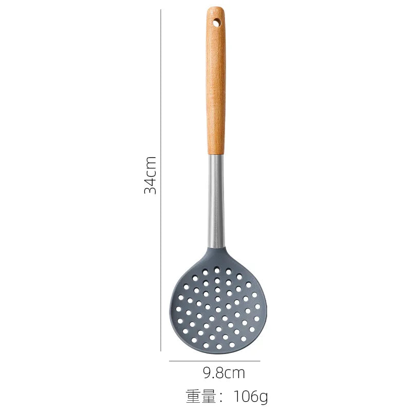Spatula with wooden handle and measurements on a white background
