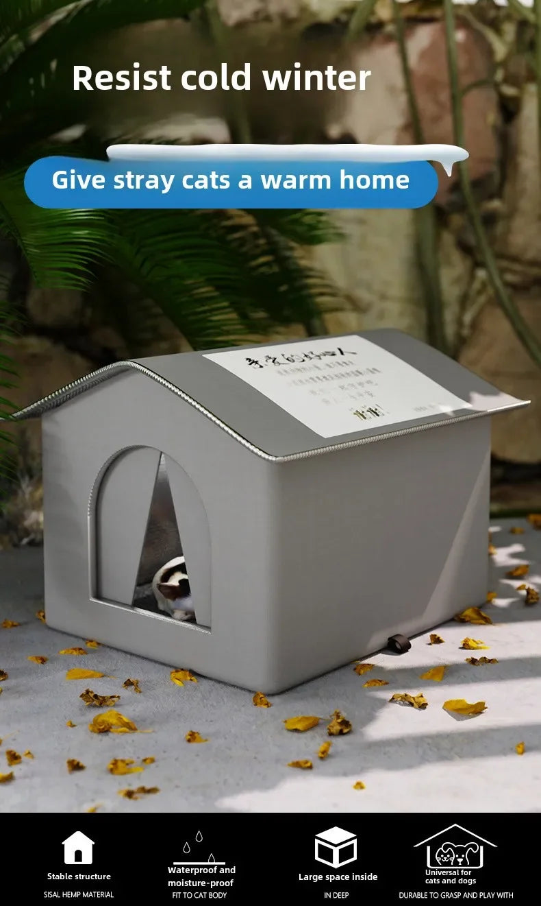 Cat house with text 'Resist cold winter, Give stray cats a warm home' on a natural background