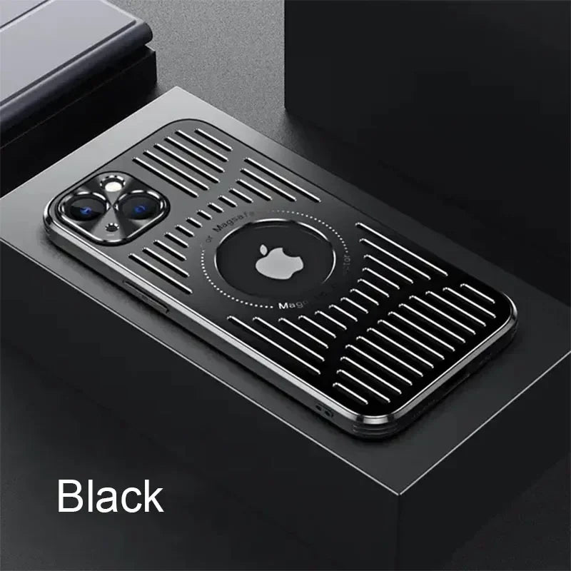 Black phone case with Apple logo on a dark surface
