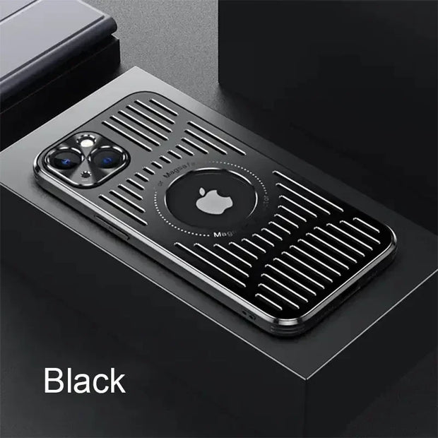 Black phone case with Apple logo on a dark surface