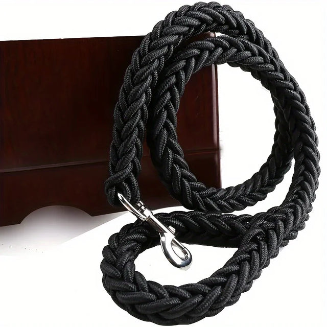 Black braided dog leash with a metal clip on a white background