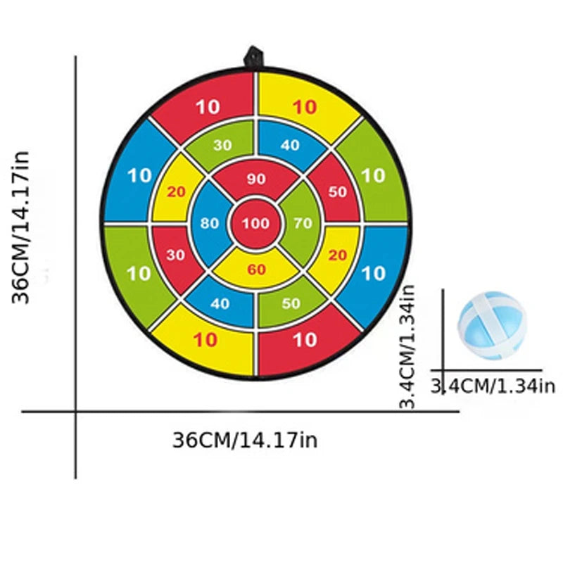 Colorful dartboard with measurement details on a white background