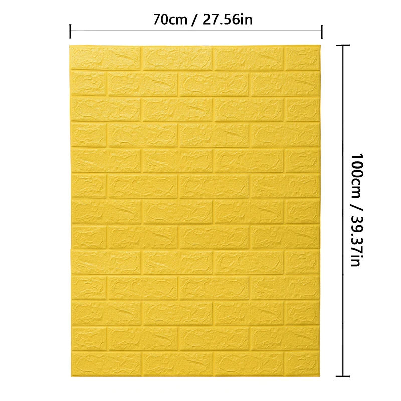 Yellow brick-patterned wall panel with dimensions on a white background