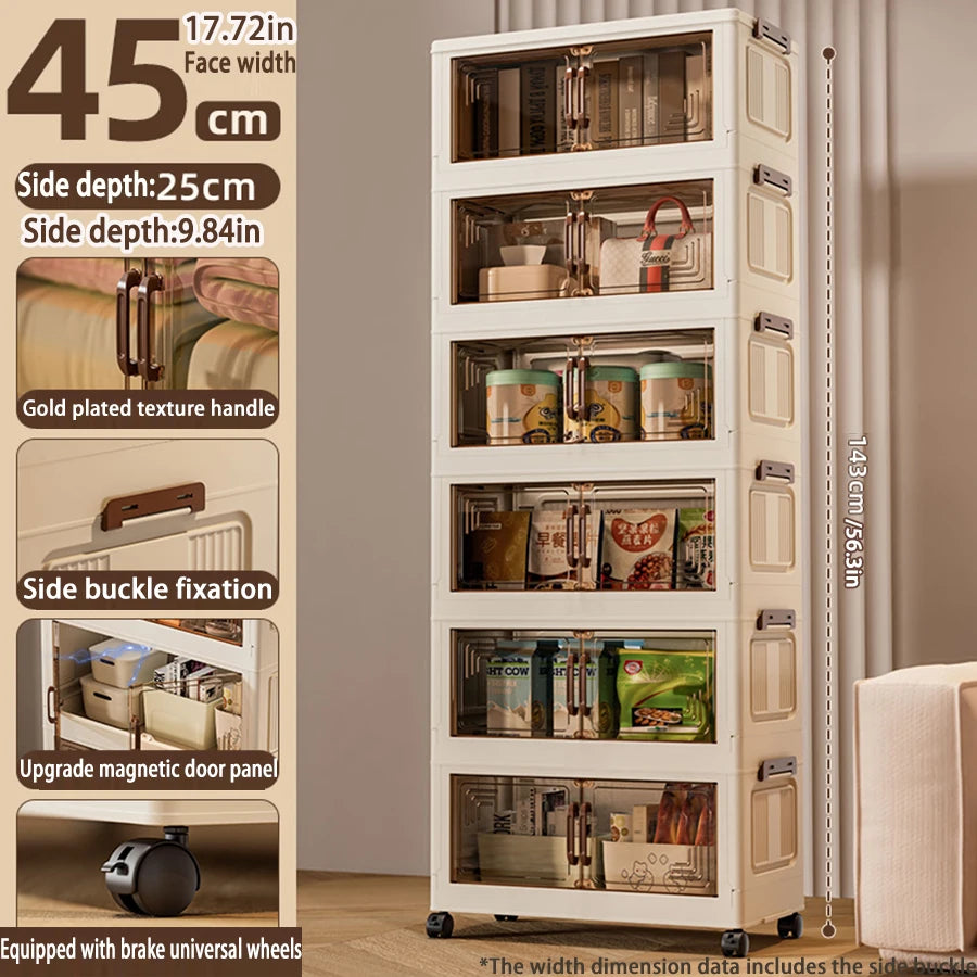 Multilevel storage cabinet with various items on shelves, showing dimensions and features.