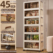 Multilevel storage cabinet with various items on shelves, showing dimensions and features.