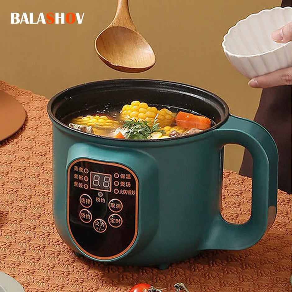 Teal electric mug with soup and control panel on a textured surface, featuring the brand 'BALASHOV'.