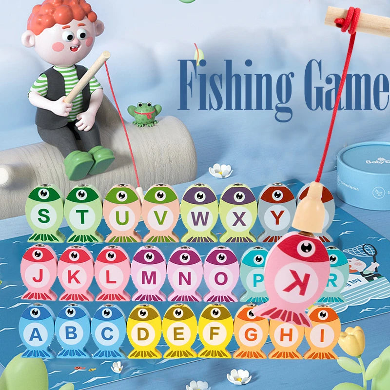 Fishing game with alphabet fish and child figurine on a blue background