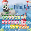 Fishing game with alphabet fish and child figurine on a blue background