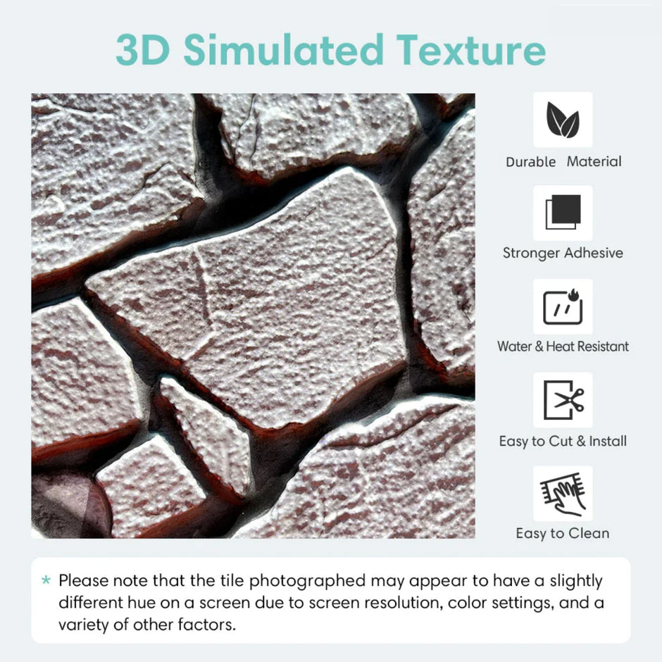 3D simulated texture of stone tiles with durability and installation features listed.