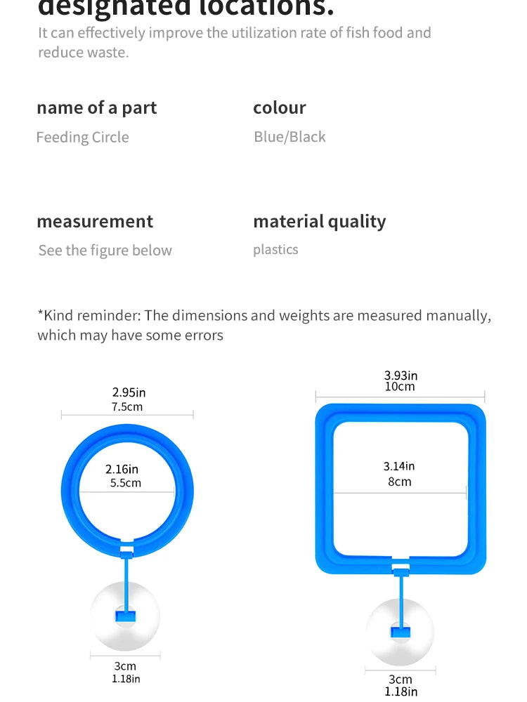 Technical specifications and measurements of a blue feeding circle with black accents on a white background.