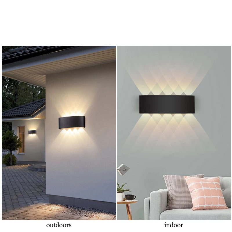 Black wall light fixture shown outdoors and indoors on a white background.