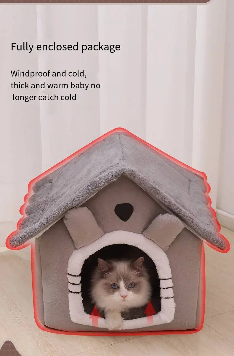 Cat house with a cat inside, text about weather protection