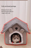 Cat house with a cat inside, text about weather protection