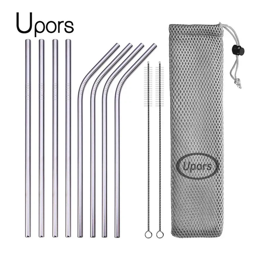 Set of metal straws with cleaning brush and mesh pouch on a white background, branded 'Upors'.