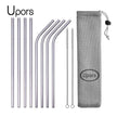 Set of metal straws with cleaning brush and mesh pouch on a white background, branded 'Upors'.
