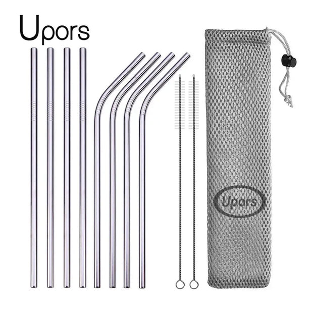 Set of metal straws with cleaning brush and mesh pouch on a white background, branded 'Upors'.