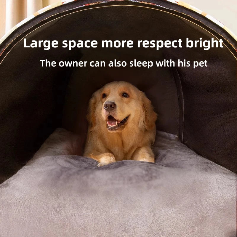 Dog lying in a large pet bed with text about space and brightness.