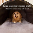 Dog lying in a large pet bed with text about space and brightness.