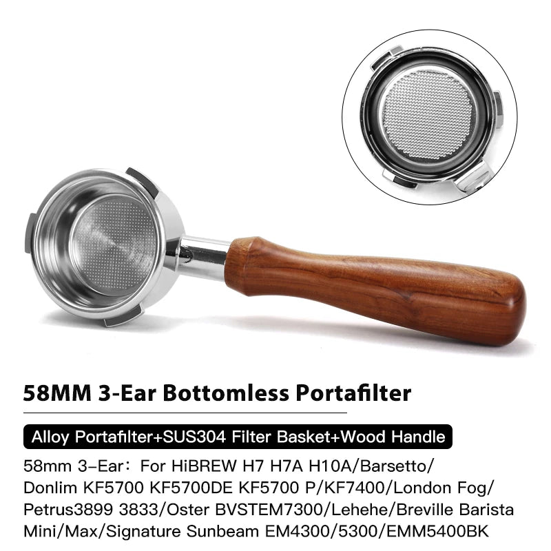 بورتافيلتر 58mm بدون قاع – 3 آذان، سلة SUS304، متوافق مع Breville وHiBREW وBarsetto والمزيد

