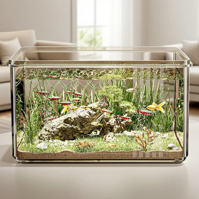 Fish tank with plants and fish on a table
