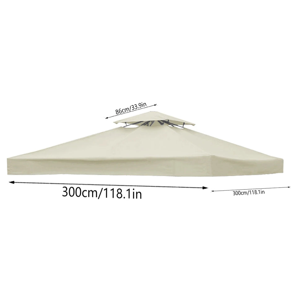 Beige patio umbrella with dimensions on a white background