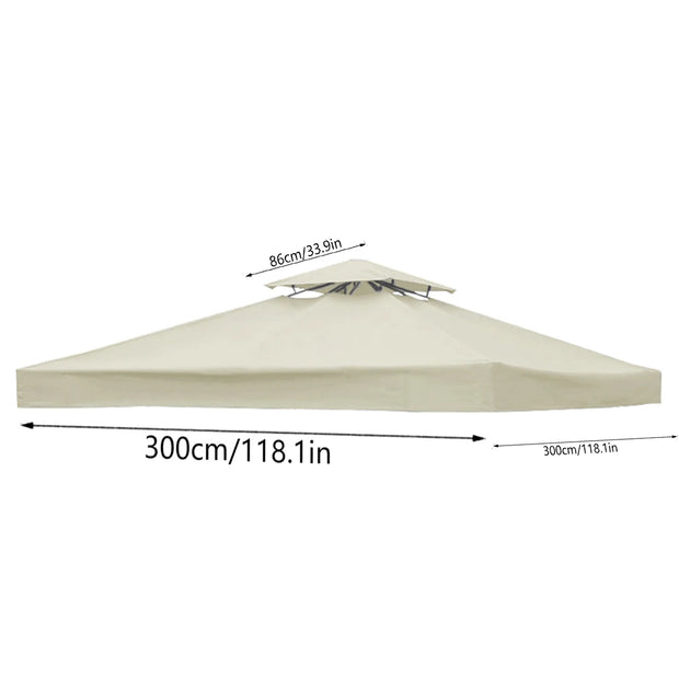 Beige patio umbrella with dimensions on a white background