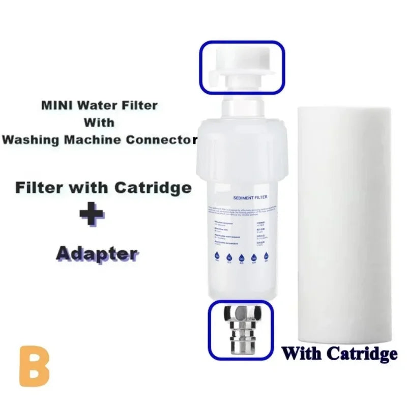 Mini water filter with washing machine connector, filter with cartridge, and adapter on a white background.