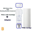 Mini water filter with washing machine connector, filter with cartridge, and adapter on a white background.