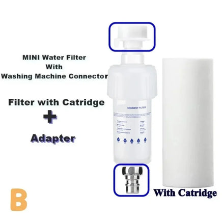 Mini water filter with washing machine connector, filter with cartridge, and adapter on a white background.