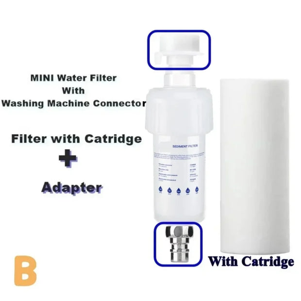 Mini water filter with washing machine connector, filter with cartridge, and adapter on a white background.