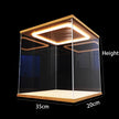 Display case with dimensions labeled on a black background
