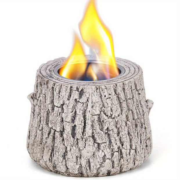 Log-shaped fire pit with flames on a white background
