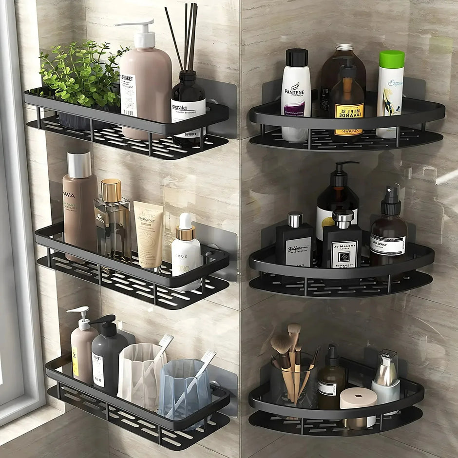 Black corner shelf with various bathroom products against a tiled wall.