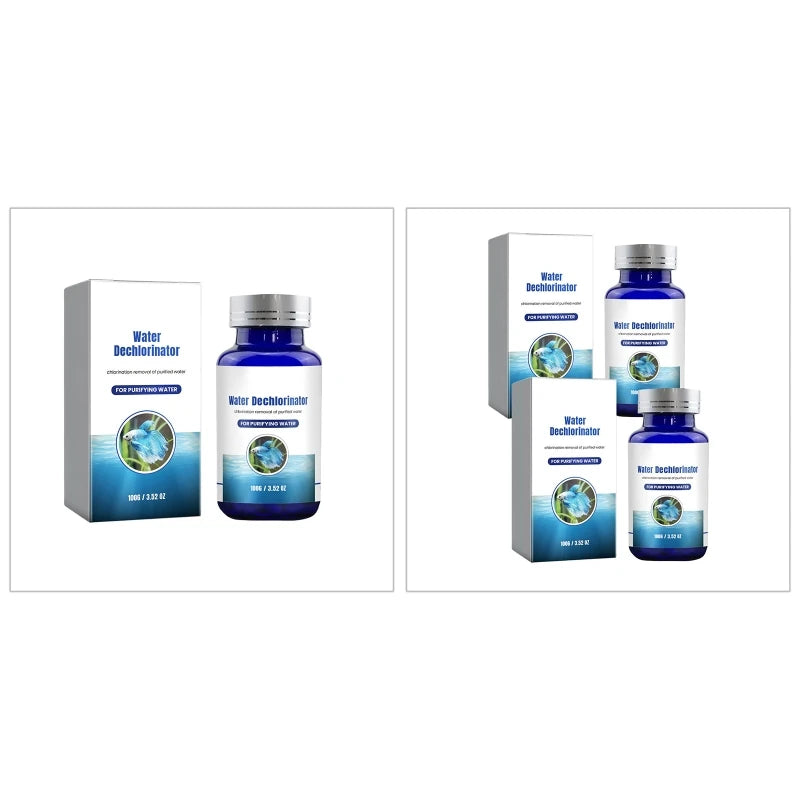 Product packaging of Water Dechlorinator with bottles and box on a white background