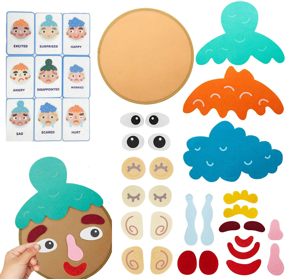 Set of felt face components and emotion cards on a white background